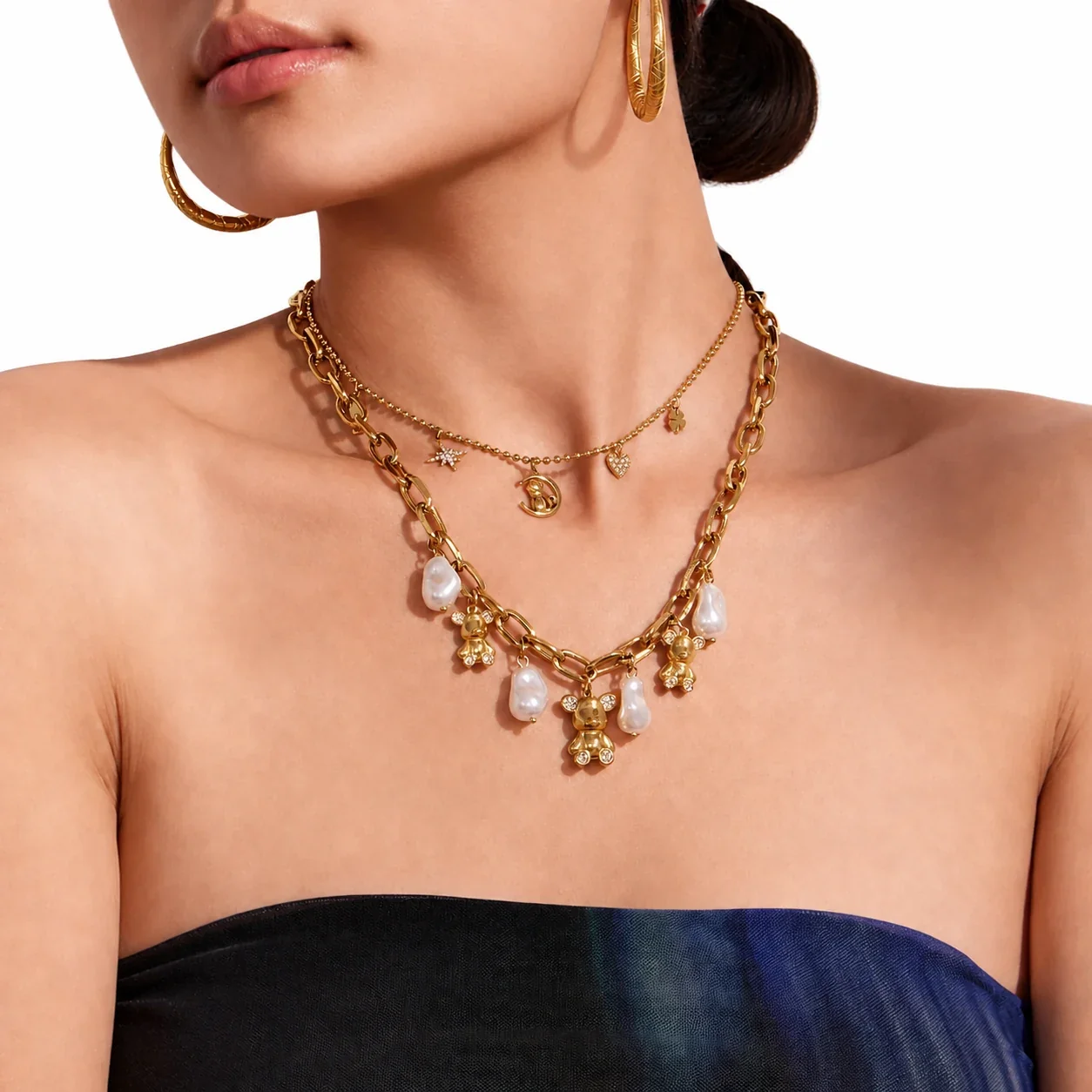 Playful 316 Gold PVD Teddy Pearl Charm Necklace