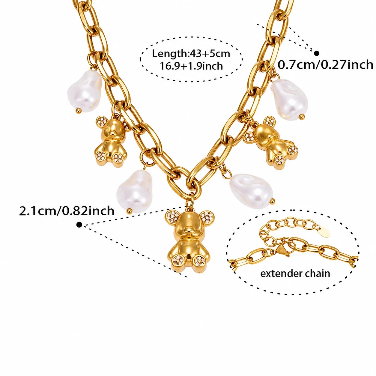 Playful 316 Gold PVD Teddy Pearl Charm Necklace - Gold Pearl Teddy Multi-Charm