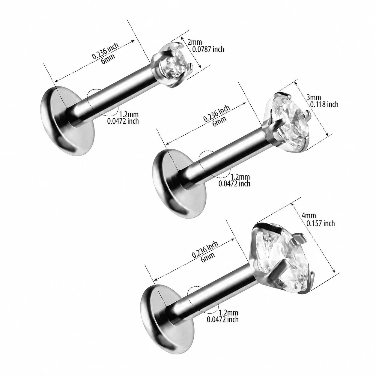 Polished 316 Stainless Steel CZ Flat Back Stud Earrings