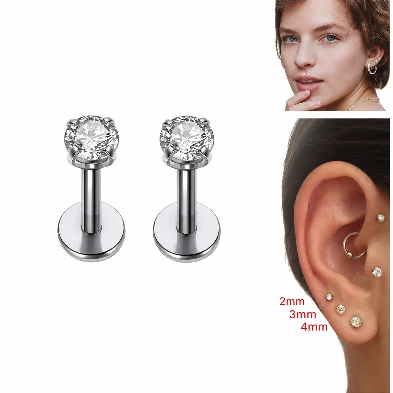 Polished 316 Stainless Steel CZ Flat Back Stud Earrings