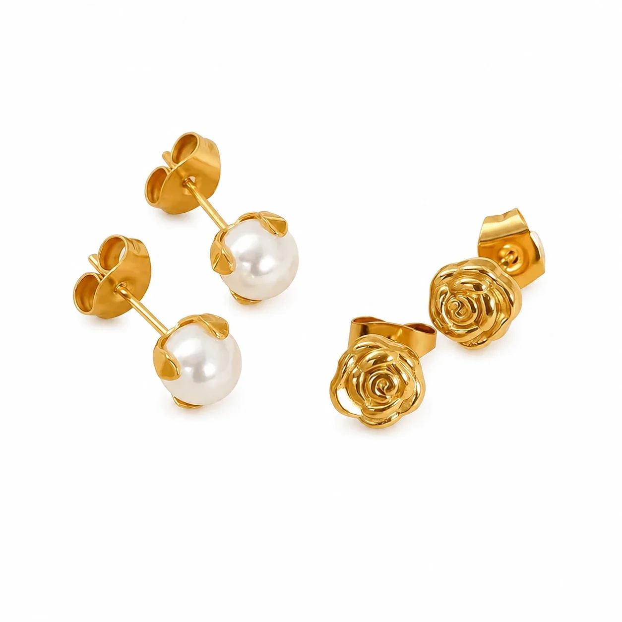 Romantic Gold-Tone Stainless Steel Rose Pearl Stud Earrings