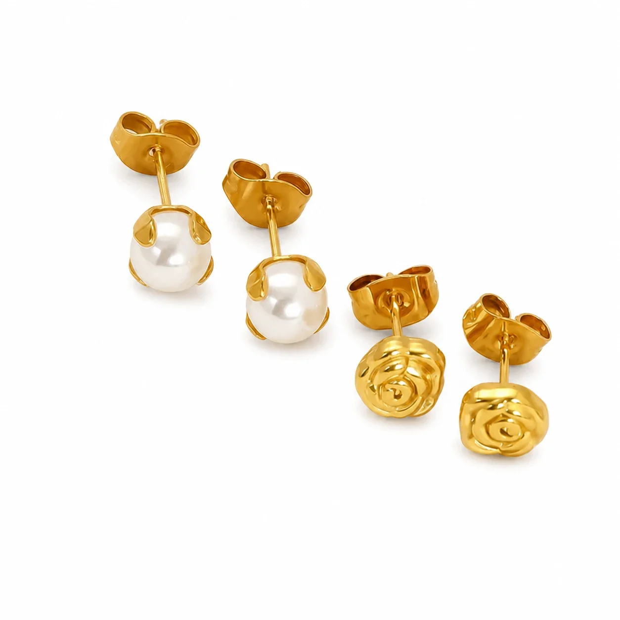 Romantic Gold-Tone Stainless Steel Rose Pearl Stud Earrings