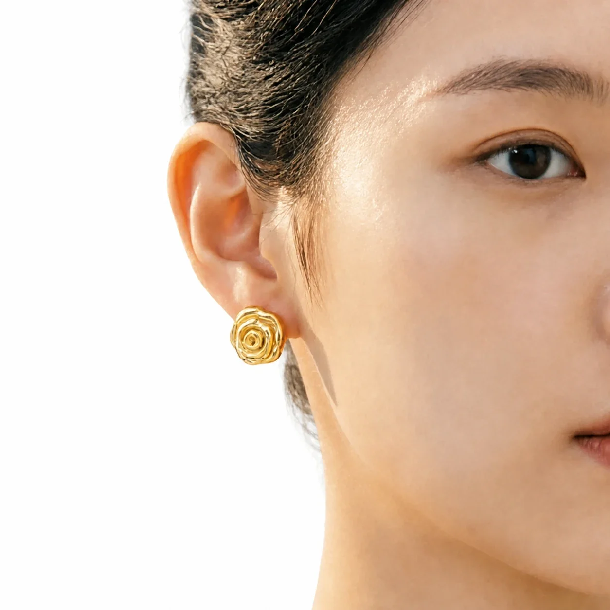 Romantic Gold-Tone Stainless Steel Rose Pearl Stud Earrings