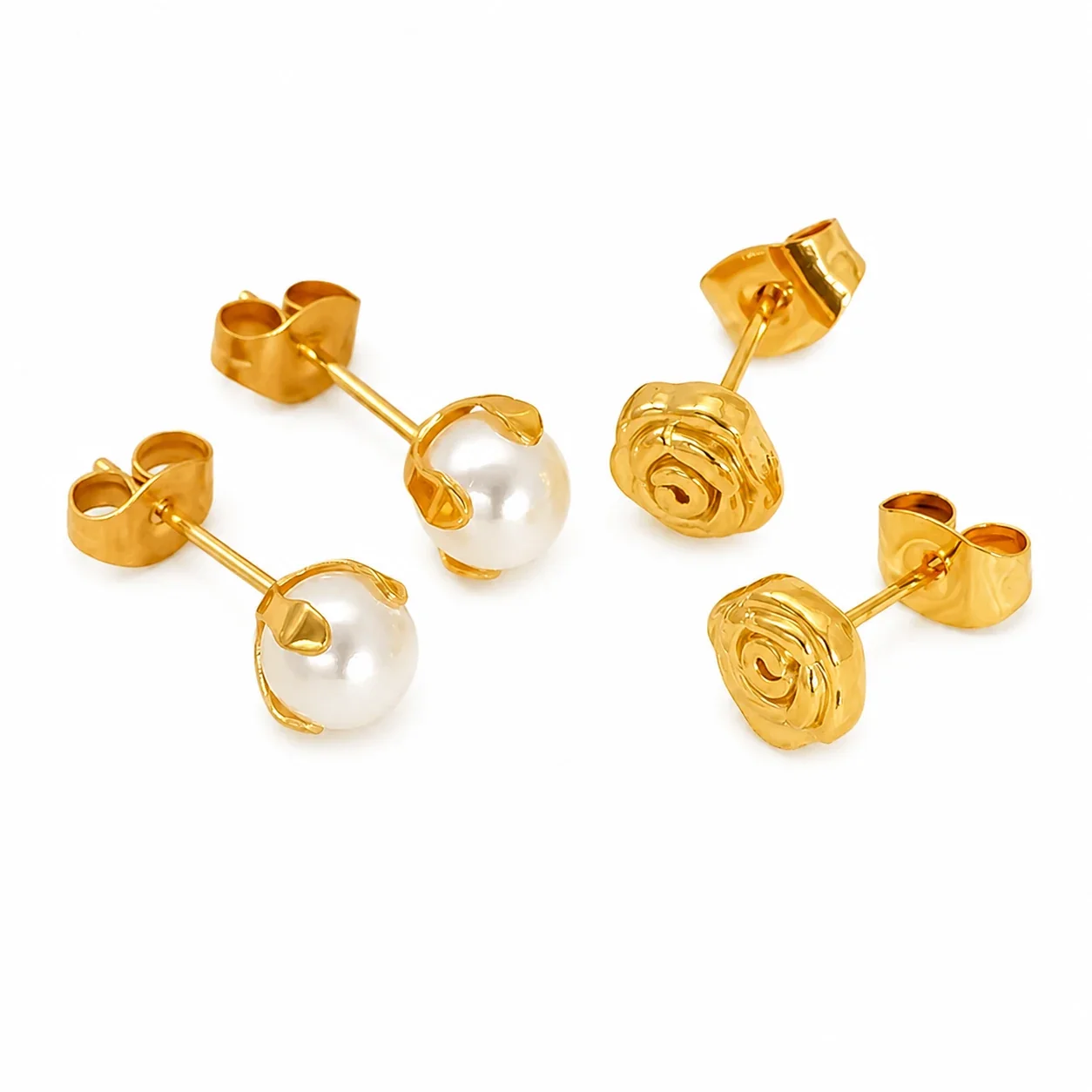 Romantic Gold-Tone Stainless Steel Rose Pearl Stud Earrings
