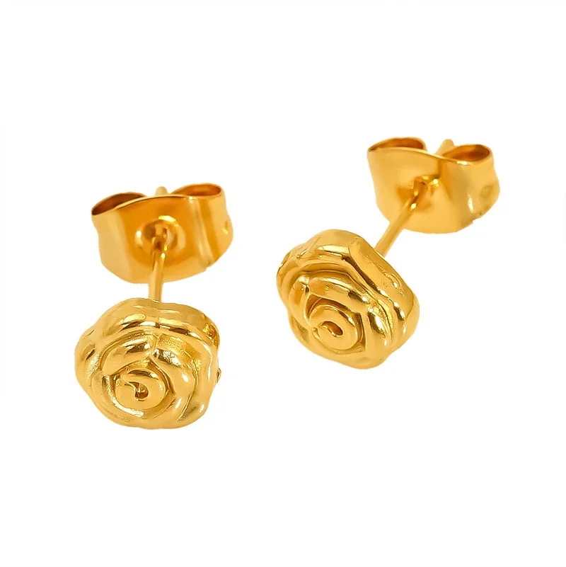 Romantic Gold-Tone Stainless Steel Rose Pearl Stud Earrings