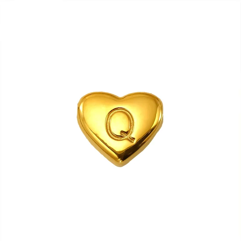 Polished Gold-Plated Stainless Steel Puffy Heart Initial Pendant - Gold Letter Q