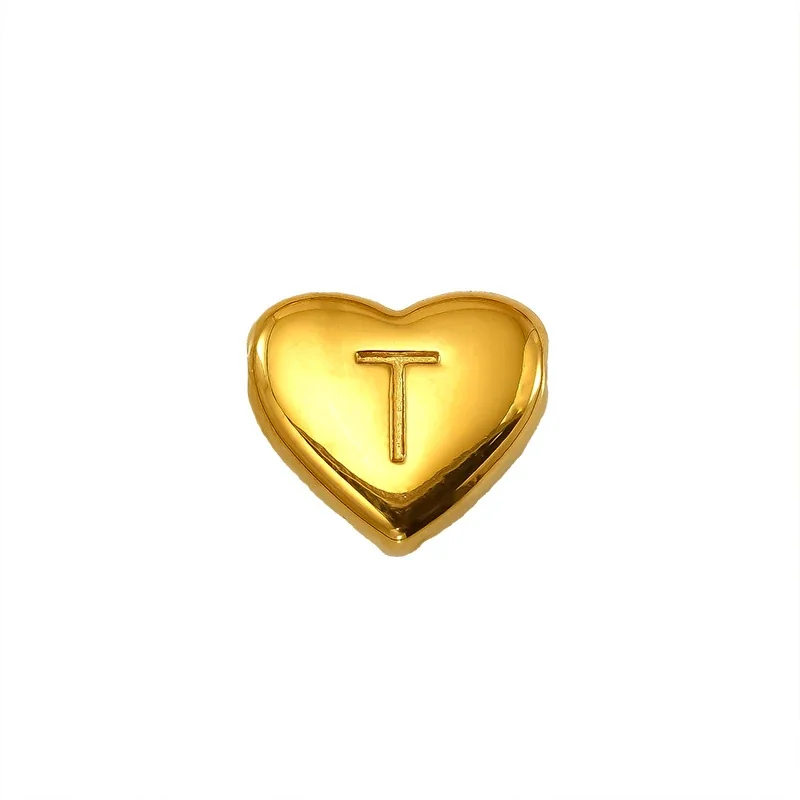Polished Gold-Plated Stainless Steel Puffy Heart Initial Pendant - Gold Letter T