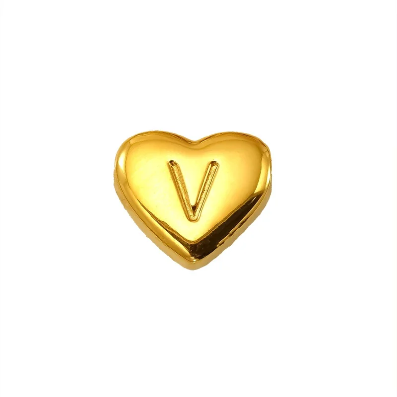 Polished Gold-Plated Stainless Steel Puffy Heart Initial Pendant - Gold Letter V