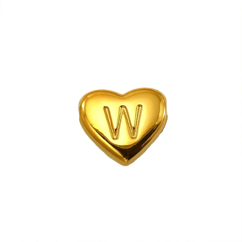 Polished Gold-Plated Stainless Steel Puffy Heart Initial Pendant - Gold Letter W