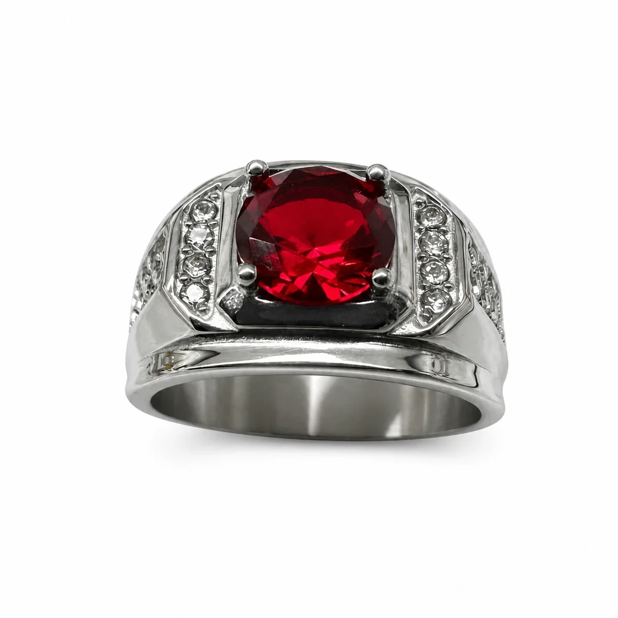 Bold 316 Stainless Steel Cushion CZ Signet Ring - Red CZ