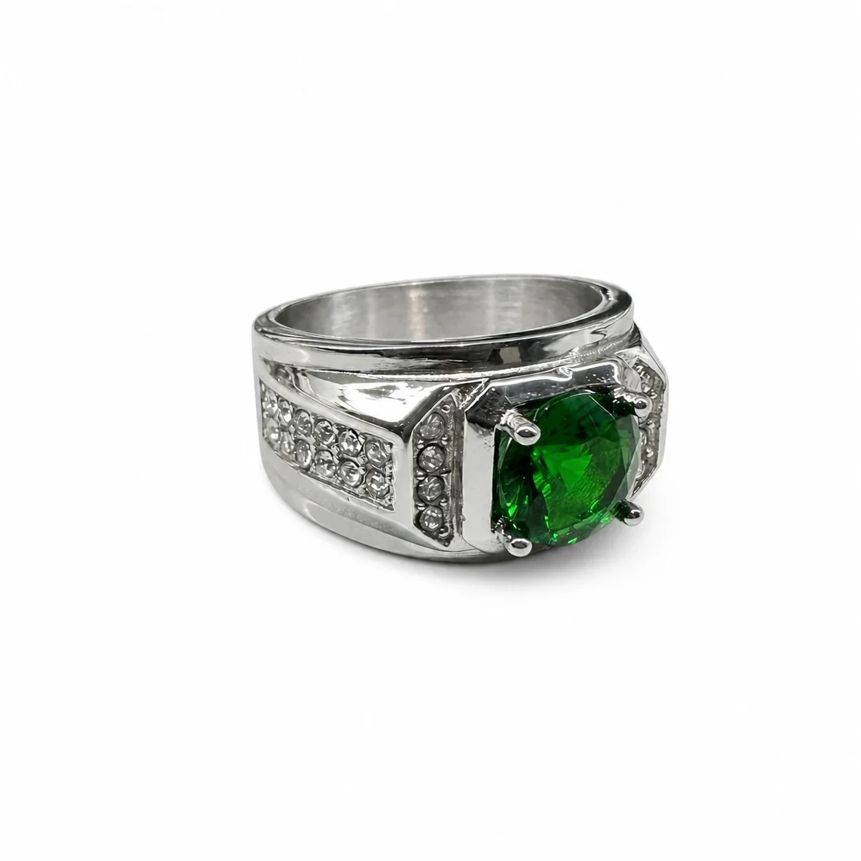 Bold 316 Stainless Steel Cushion CZ Signet Ring - Green CZ
