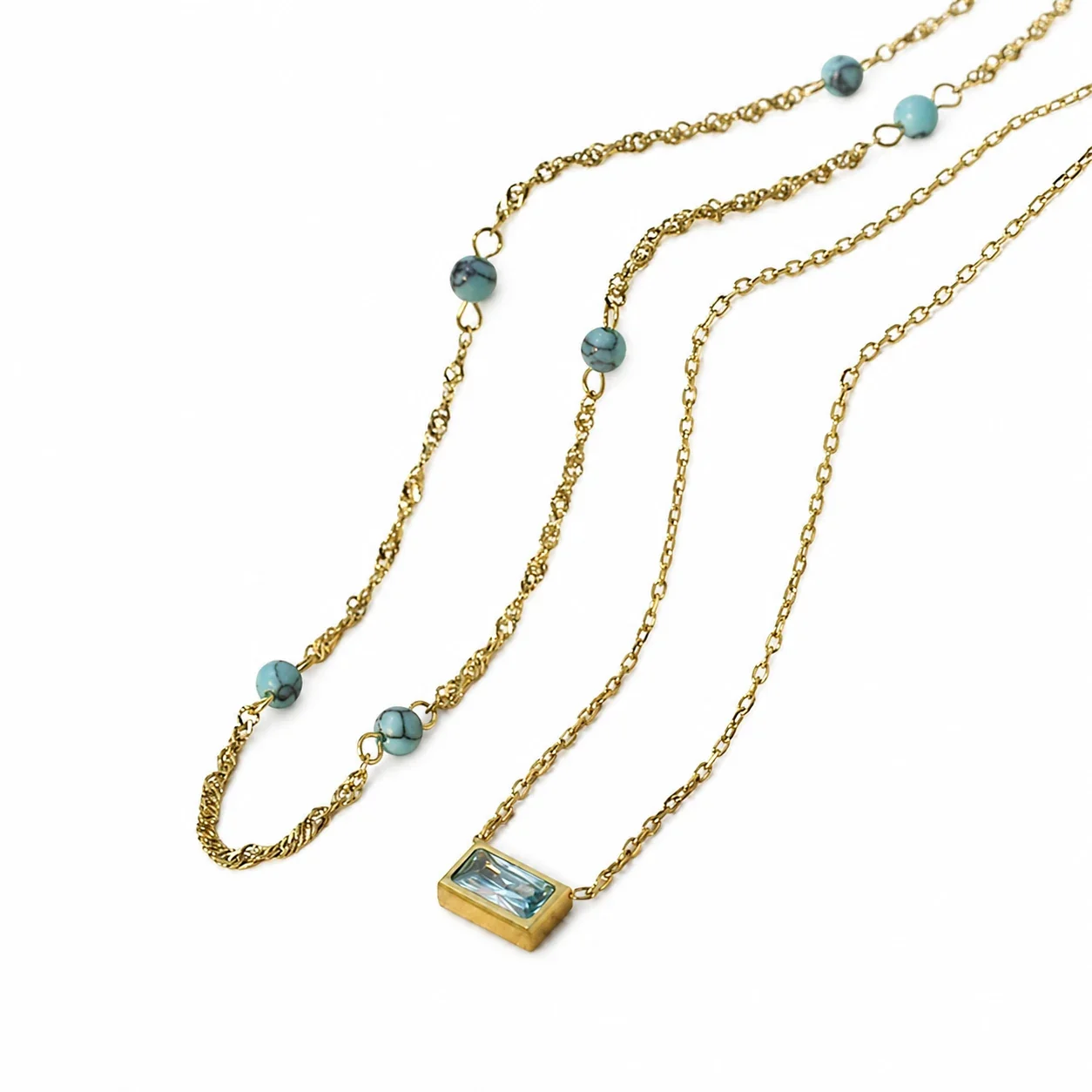Layered Gold-Plated 316 Chain Turquoise Bead Pendant Necklace