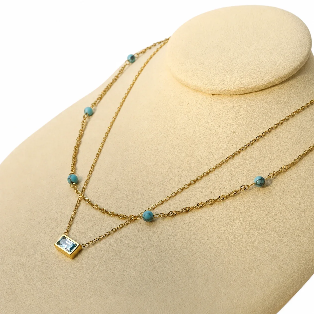 Layered Gold-Plated 316 Chain Turquoise Bead Pendant Necklace