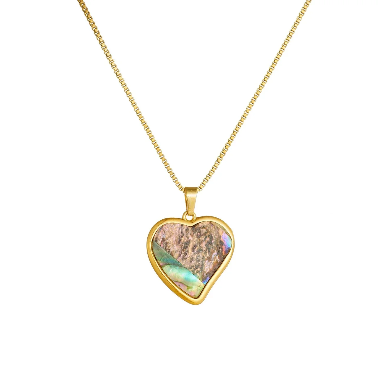 Heart Shell-Inlay Box Chain Necklace, Gold-Plated Stainless Steel