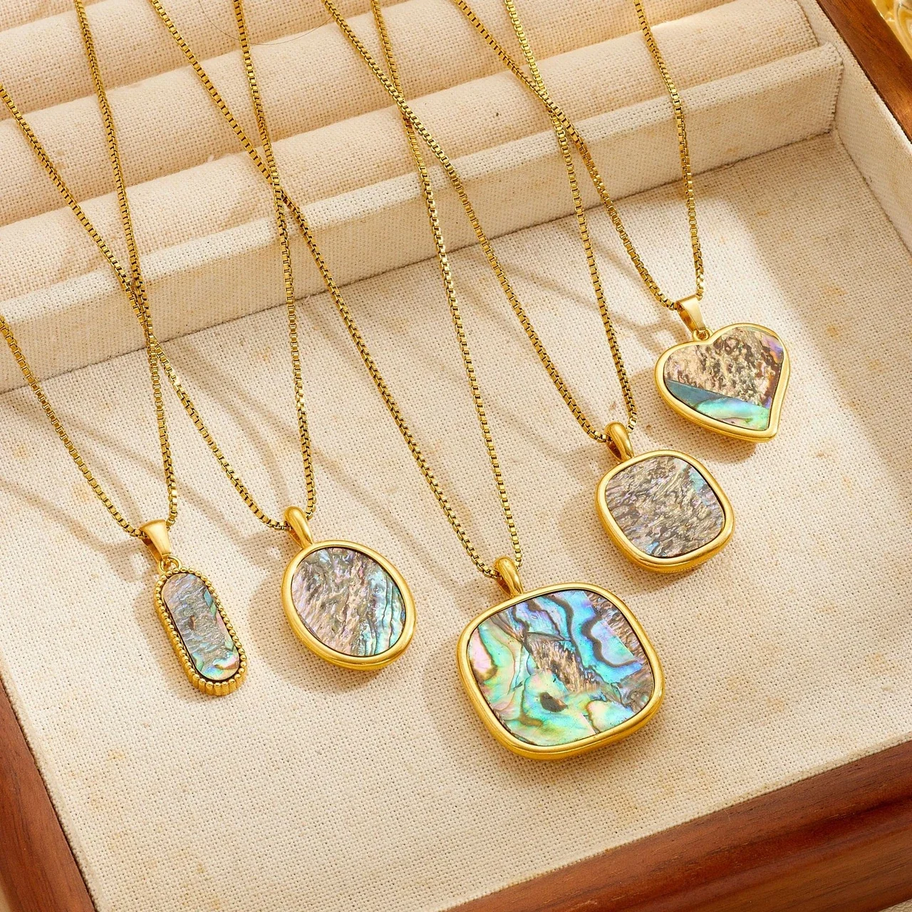 Heart Shell-Inlay Box Chain Necklace, Gold-Plated Stainless Steel