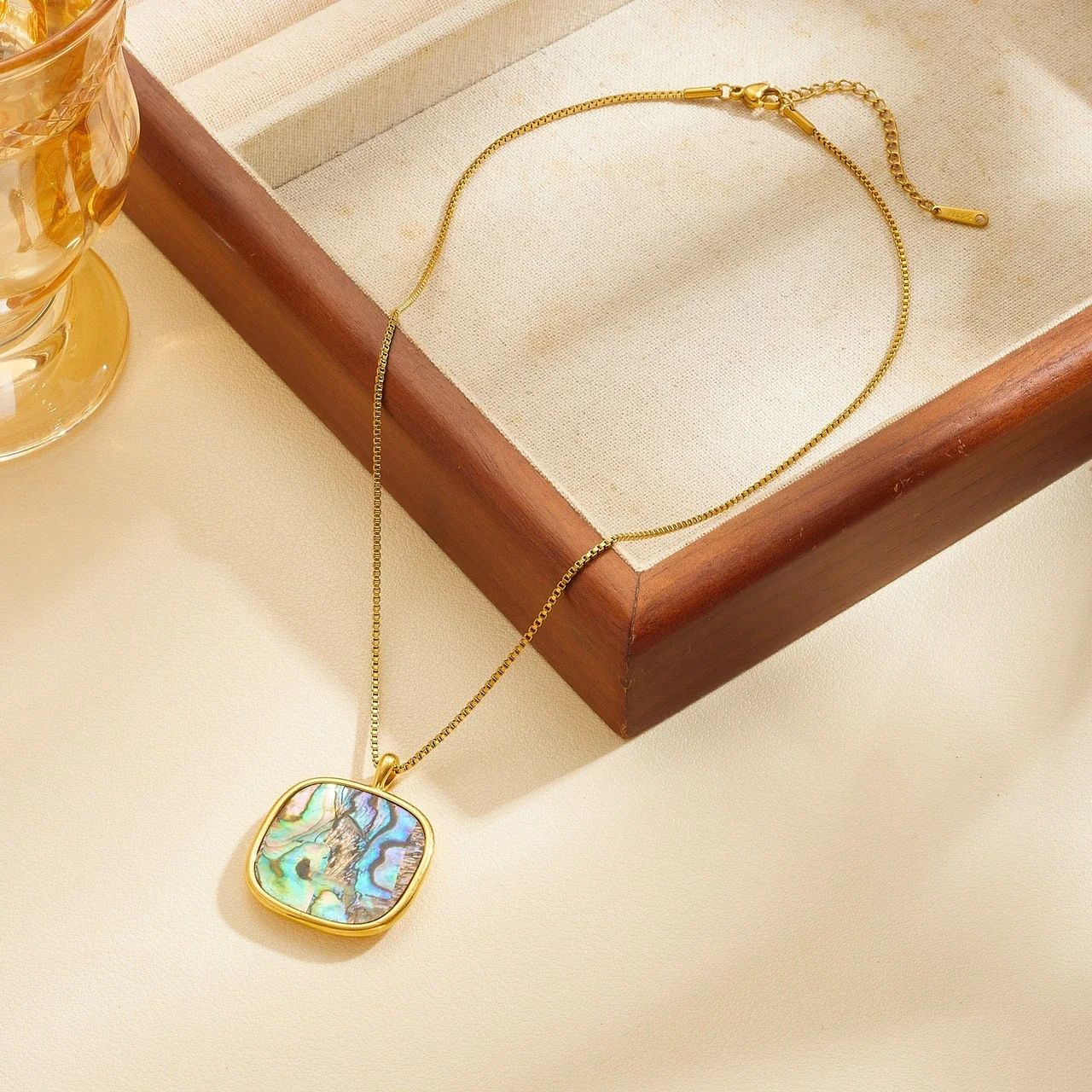 Heart Shell-Inlay Box Chain Necklace, Gold-Plated Stainless Steel
