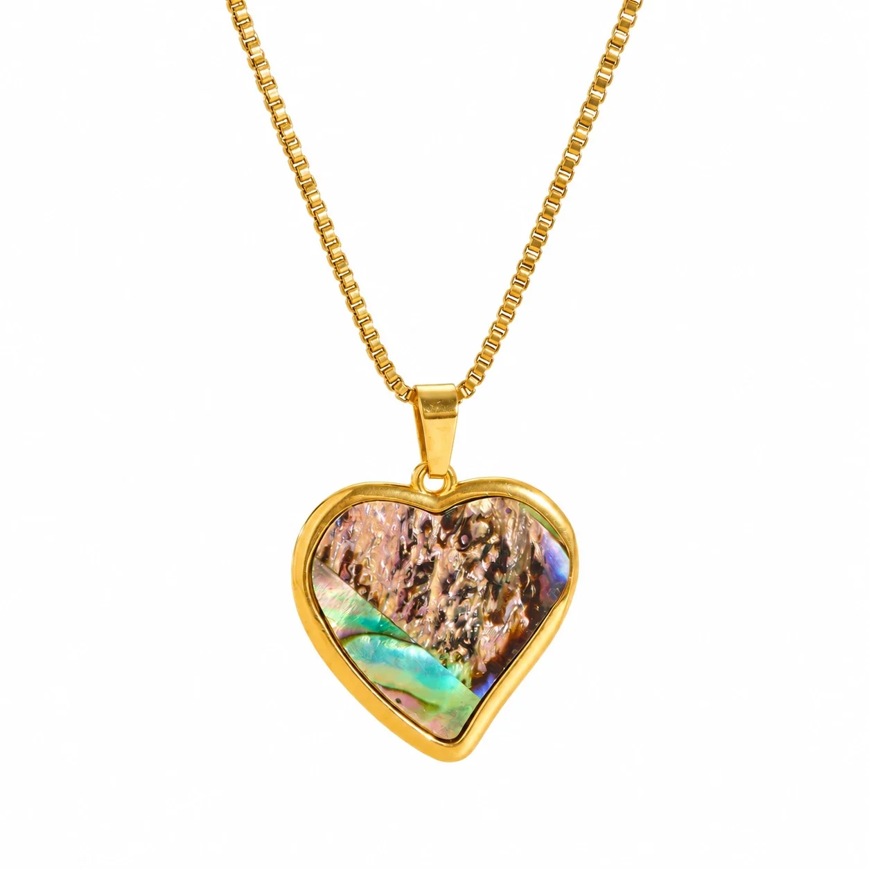 Heart Shell-Inlay Box Chain Necklace, Gold-Plated Stainless Steel - Gold Rectangle Shell Inlay