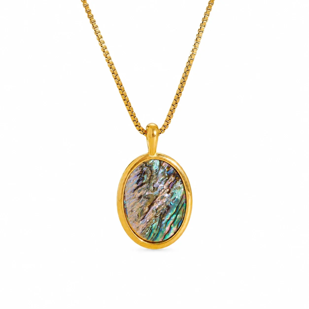 Heart Shell-Inlay Box Chain Necklace, Gold-Plated Stainless Steel - Gold Rounded Square Shell Inlay