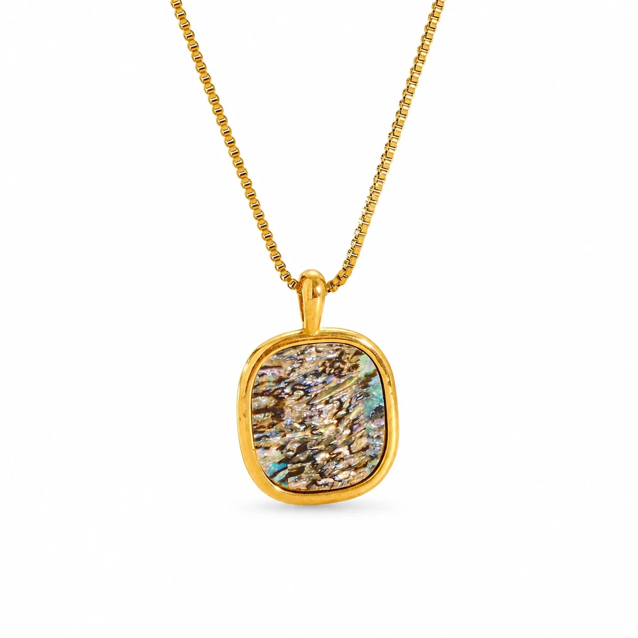 Heart Shell-Inlay Box Chain Necklace, Gold-Plated Stainless Steel - Gold Round Shell Inlay
