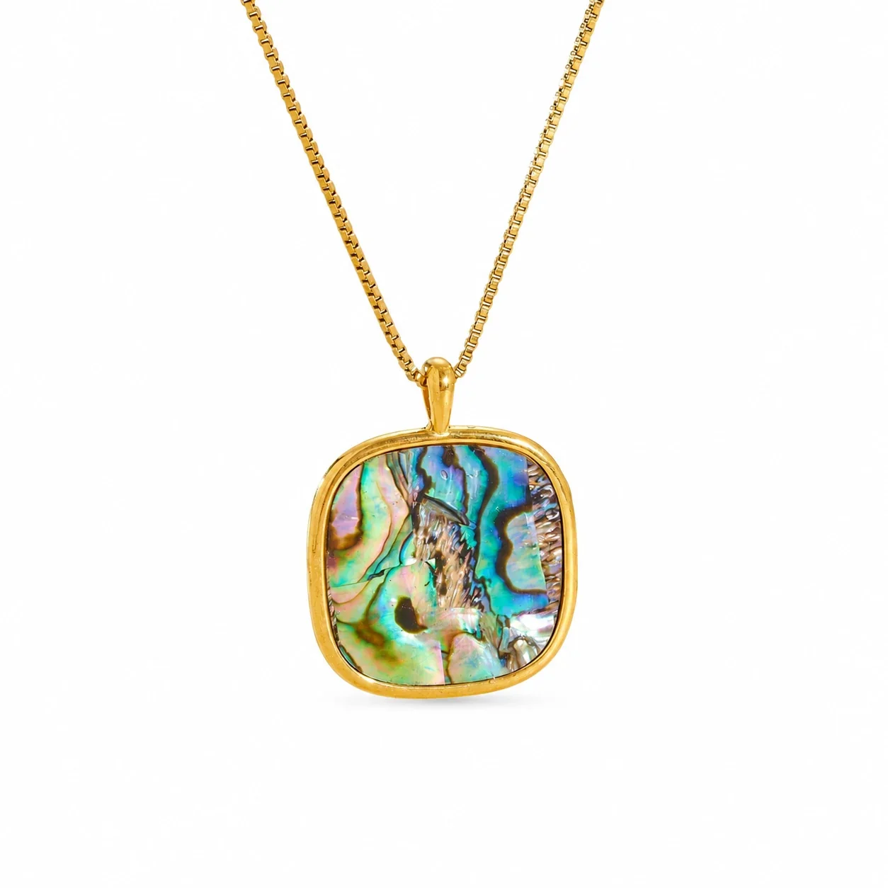 Heart Shell-Inlay Box Chain Necklace, Gold-Plated Stainless Steel - Gold Heart Shell Inlay