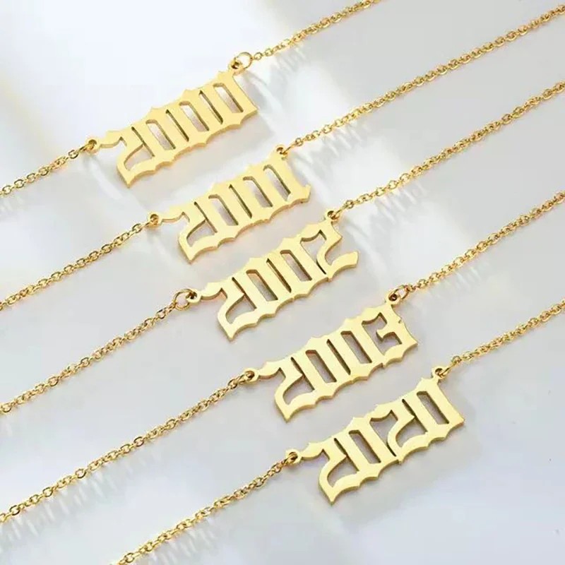 Gothic Year Numeral 18K Gold PVD Stainless Steel Necklace