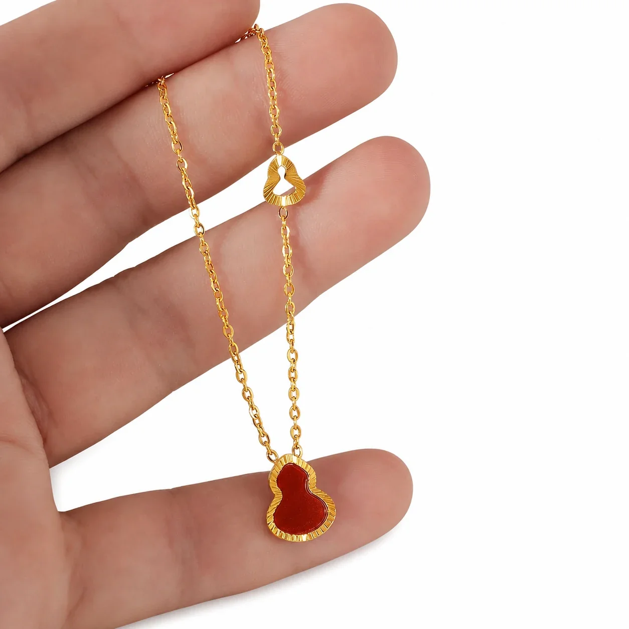 Refined Gold-Plated Gourd Pendant O-Chain Necklace - Gold / Red