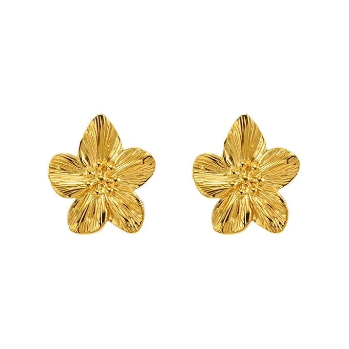 Radiant 18K Gold-Plated Ribbed Five-Petal Stud Earrings