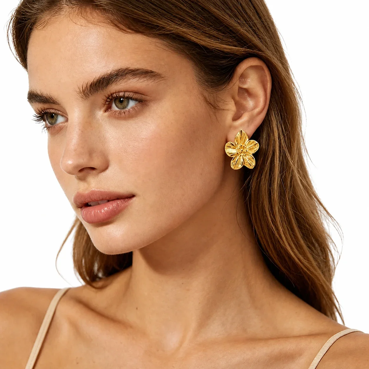 Radiant 18K Gold-Plated Ribbed Five-Petal Stud Earrings
