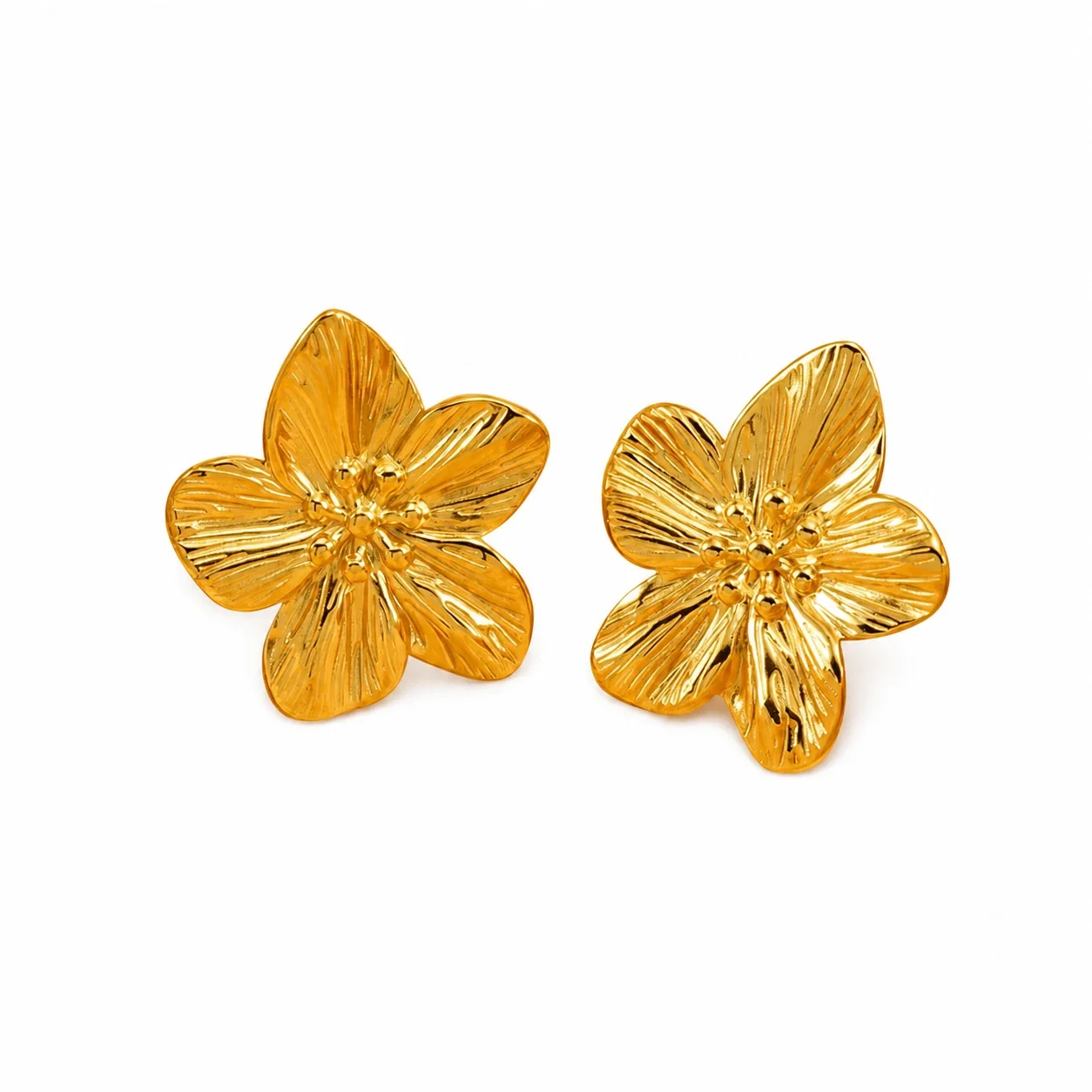 Radiant 18K Gold-Plated Ribbed Five-Petal Stud Earrings