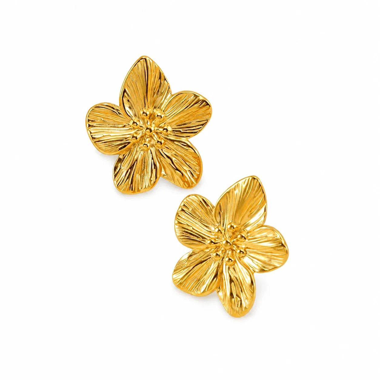 Radiant 18K Gold-Plated Ribbed Five-Petal Stud Earrings