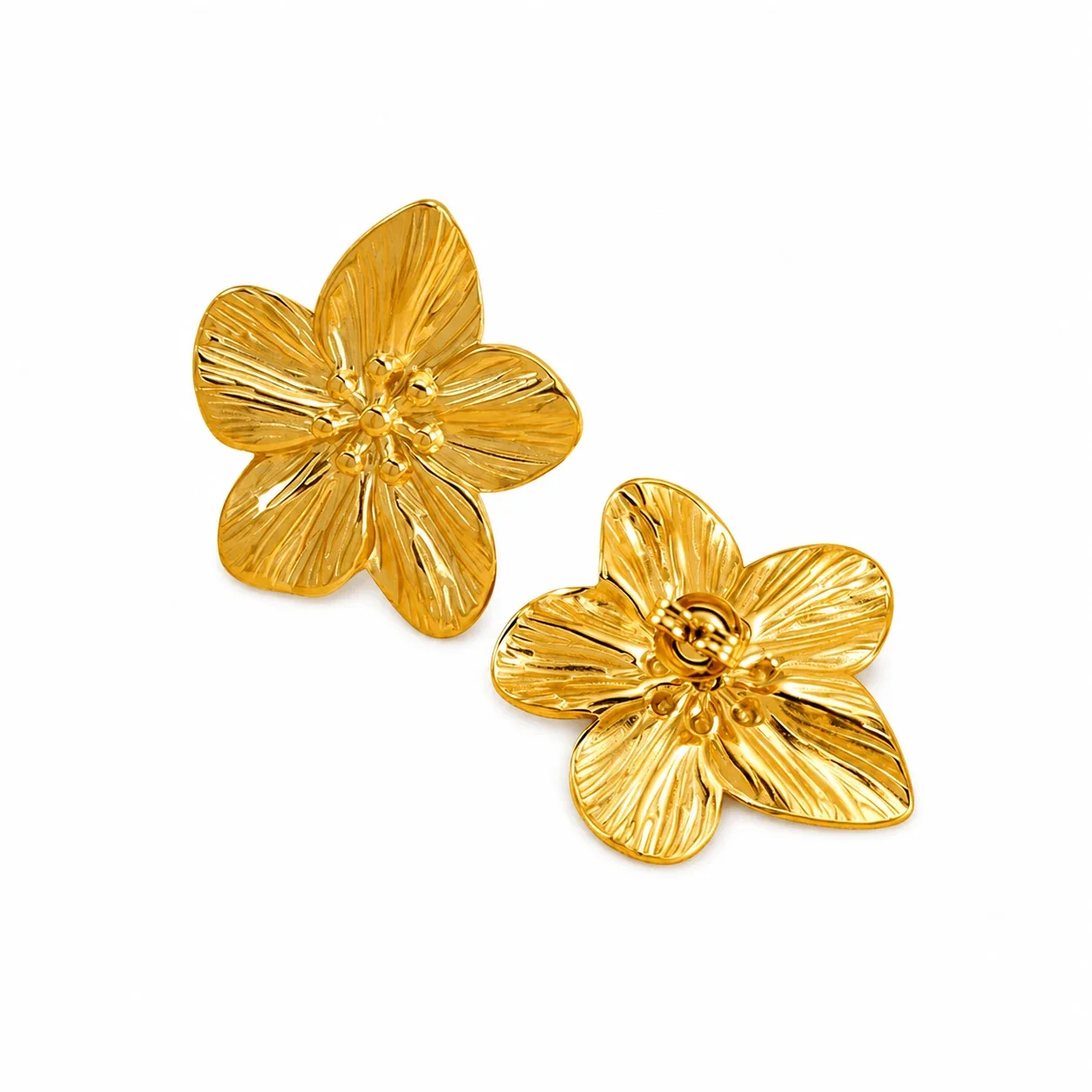 Radiant 18K Gold-Plated Ribbed Five-Petal Stud Earrings
