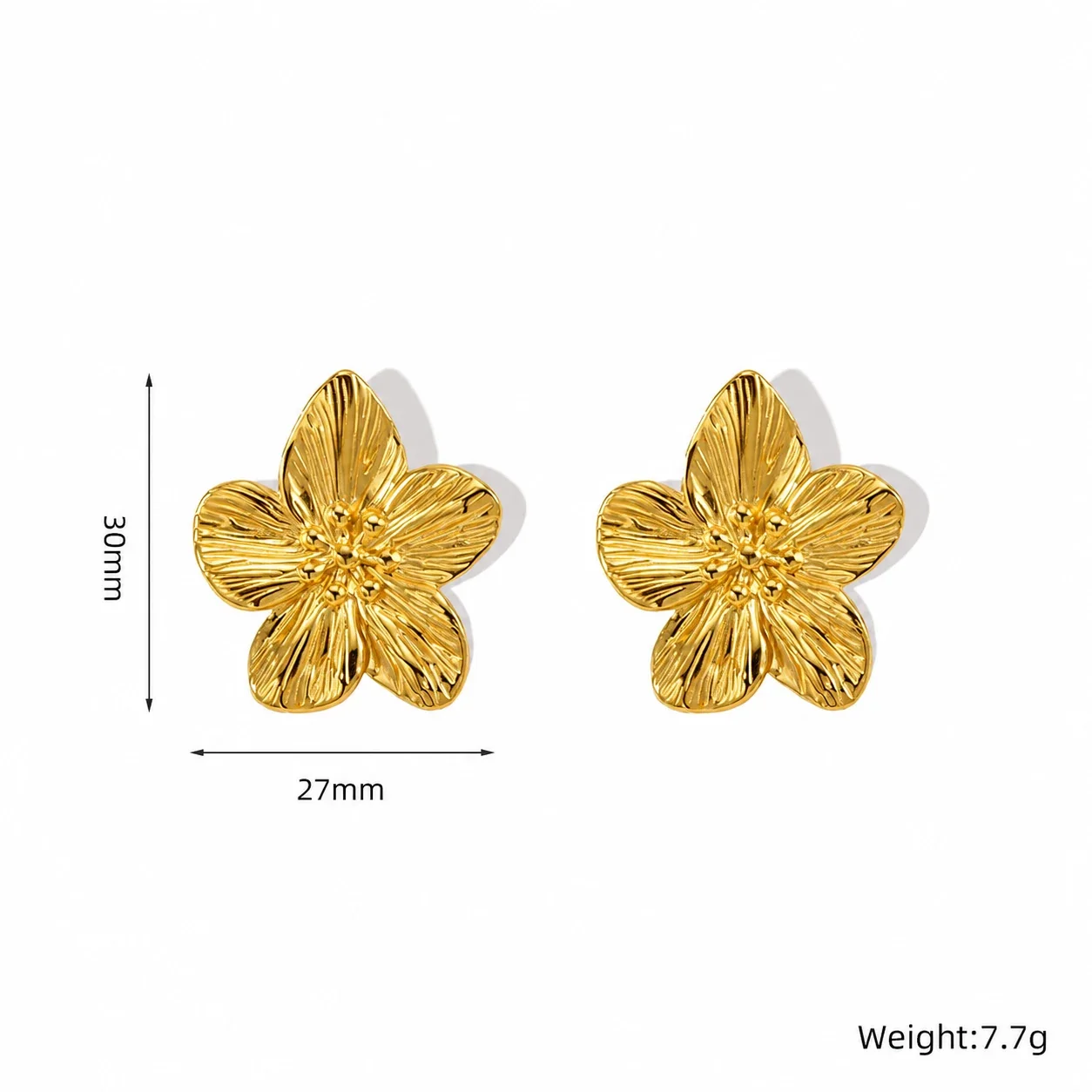 Radiant 18K Gold-Plated Ribbed Five-Petal Stud Earrings - Gold