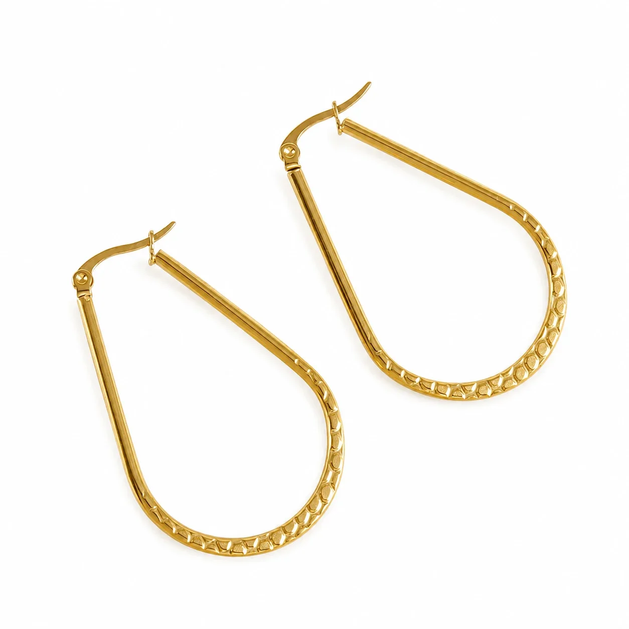 Vintage 18K Gold-Plated Teardrop Textured Hoop Earrings