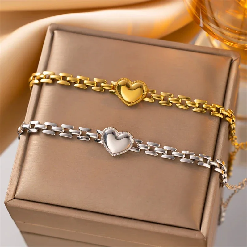 Foto del producto: Pulsera de corazón con eslabones tipo ladrillo de doble hilera, acero inoxidable