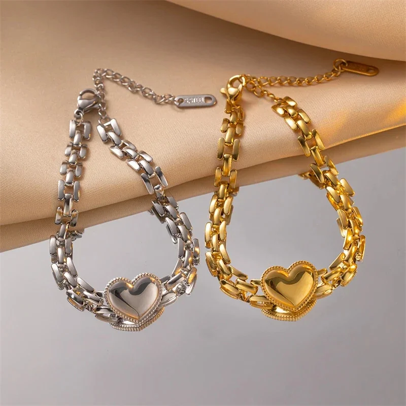 Foto del producto: Pulsera de corazón con eslabones tipo ladrillo de doble hilera, acero inoxidable