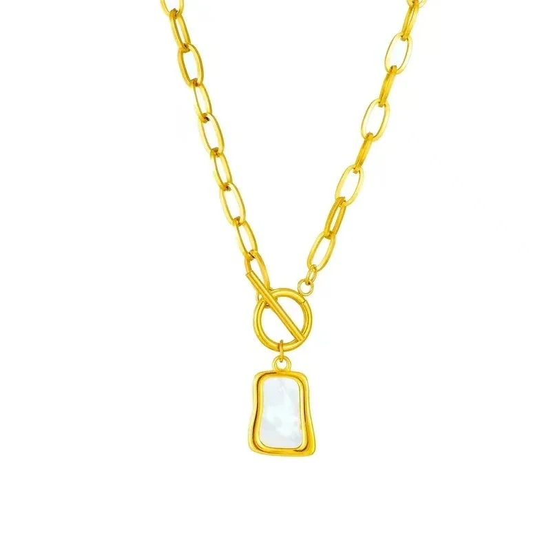 Pendant Necklace, Shell Tag & Toggle, Gold-Plated Stainless Steel