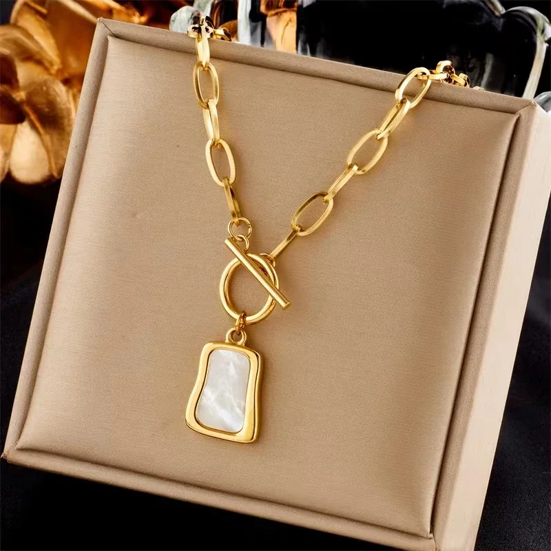 Pendant Necklace, Shell Tag & Toggle, Gold-Plated Stainless Steel