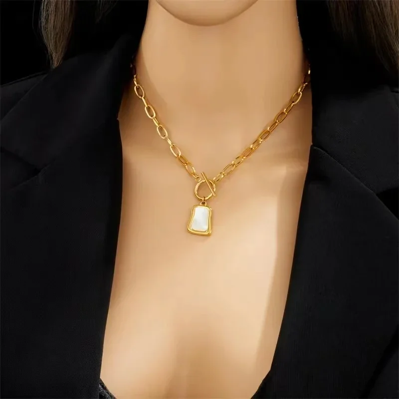Pendant Necklace, Shell Tag & Toggle, Gold-Plated Stainless Steel