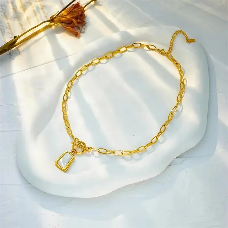 Pendant Necklace, Shell Tag & Toggle, Gold-Plated Stainless Steel