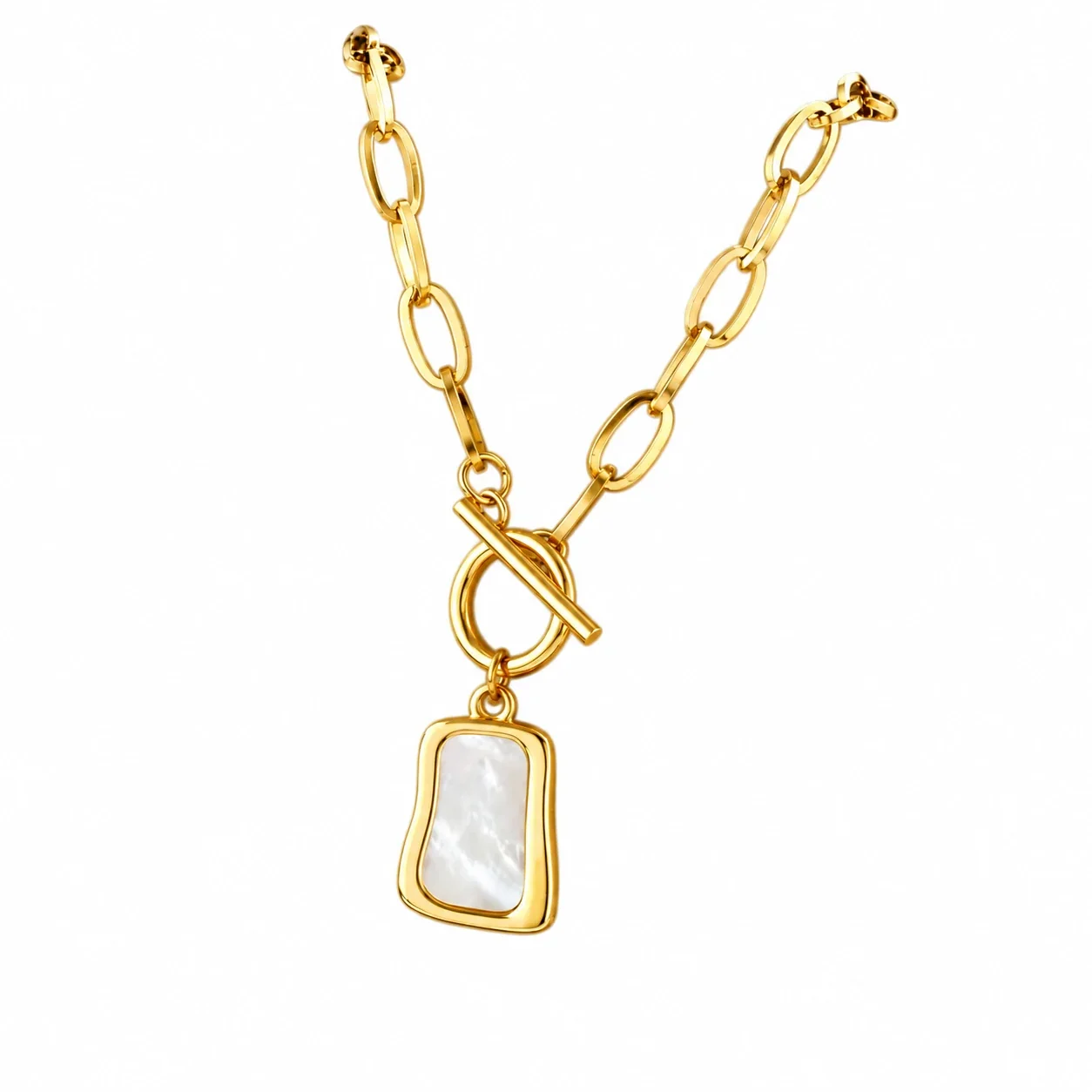 Pendant Necklace, Shell Tag & Toggle, Gold-Plated Stainless Steel - Gold