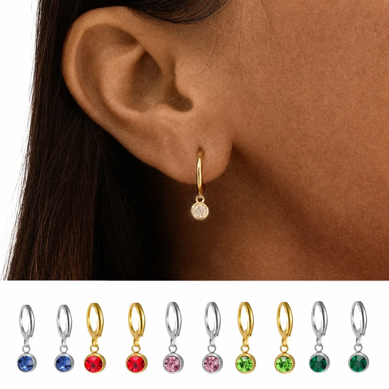 Petite Stainless Steel Round Bezel Crystal Huggie Earrings