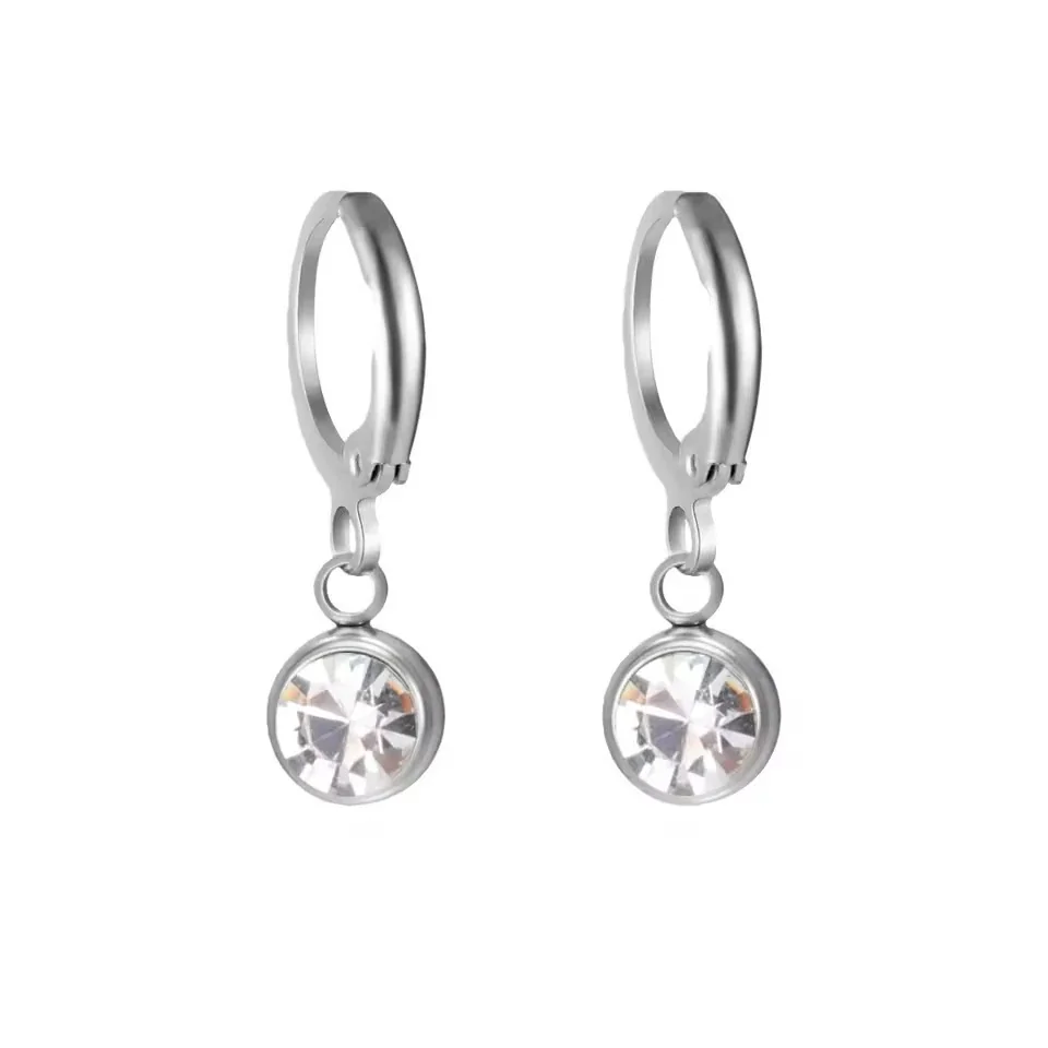 Petite Stainless Steel Round Bezel Crystal Huggie Earrings - Silver August Light Green Crystal