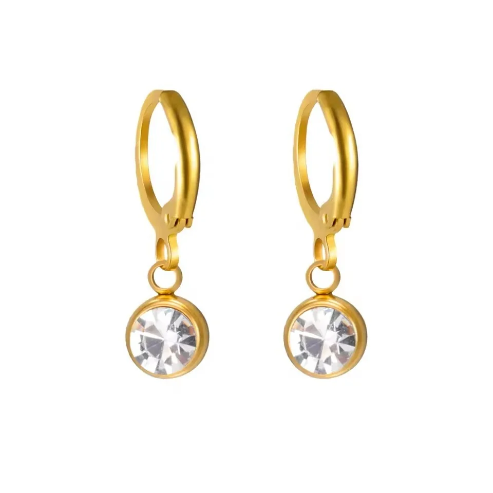 Petite Stainless Steel Round Bezel Crystal Huggie Earrings - Gold August Light Green Crystal