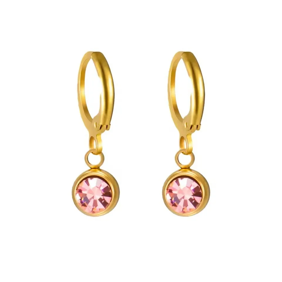 Petite Stainless Steel Round Bezel Crystal Huggie Earrings - Gold December Light Blue Crystal