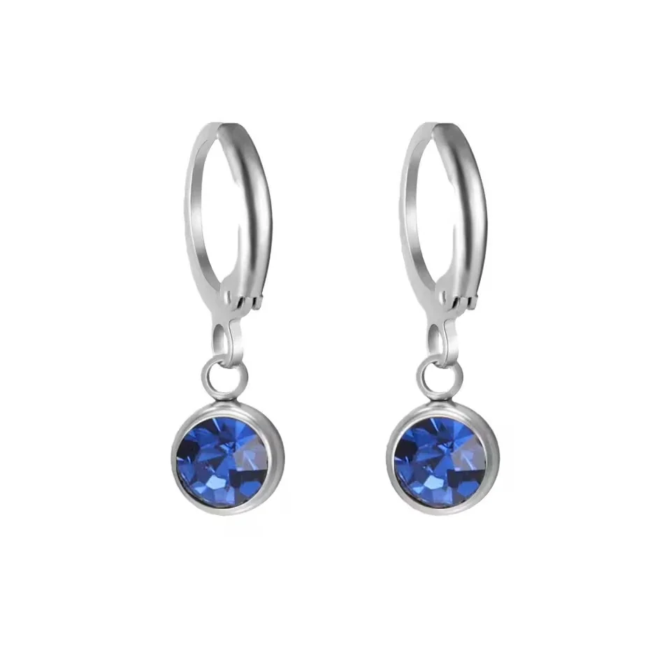 Petite Stainless Steel Round Bezel Crystal Huggie Earrings - Silver February Dark Purple Crystal