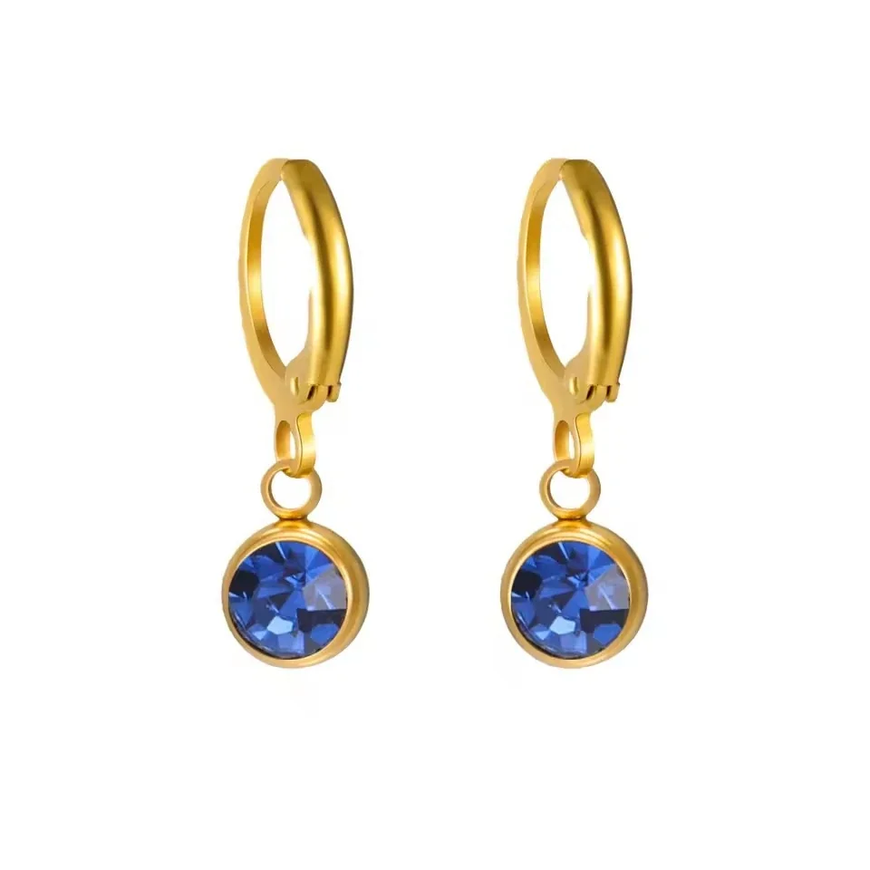 Petite Stainless Steel Round Bezel Crystal Huggie Earrings - Gold April White Crystal