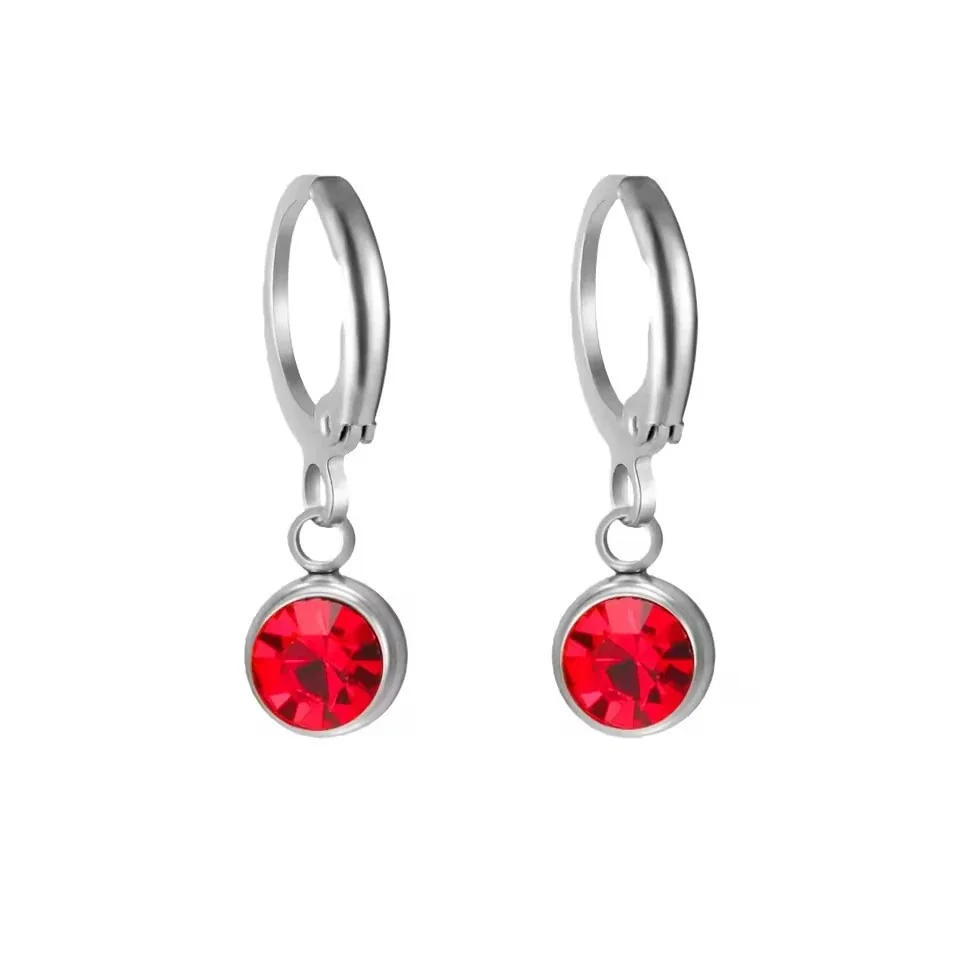 Petite Stainless Steel Round Bezel Crystal Huggie Earrings - Silver May Dark Green Crystal