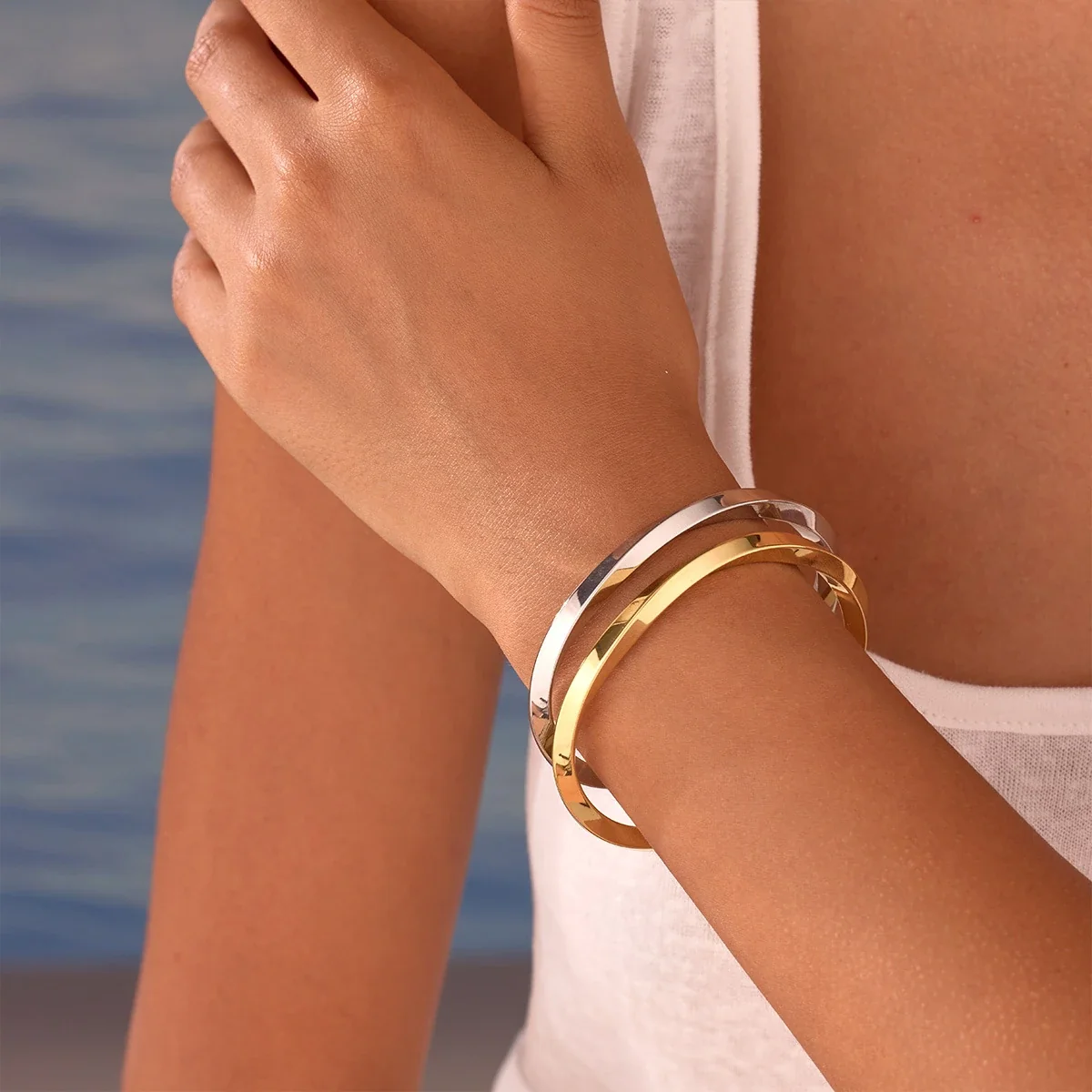 Open Cuff Bangle with Faceted Flat Band, Stainless Steel