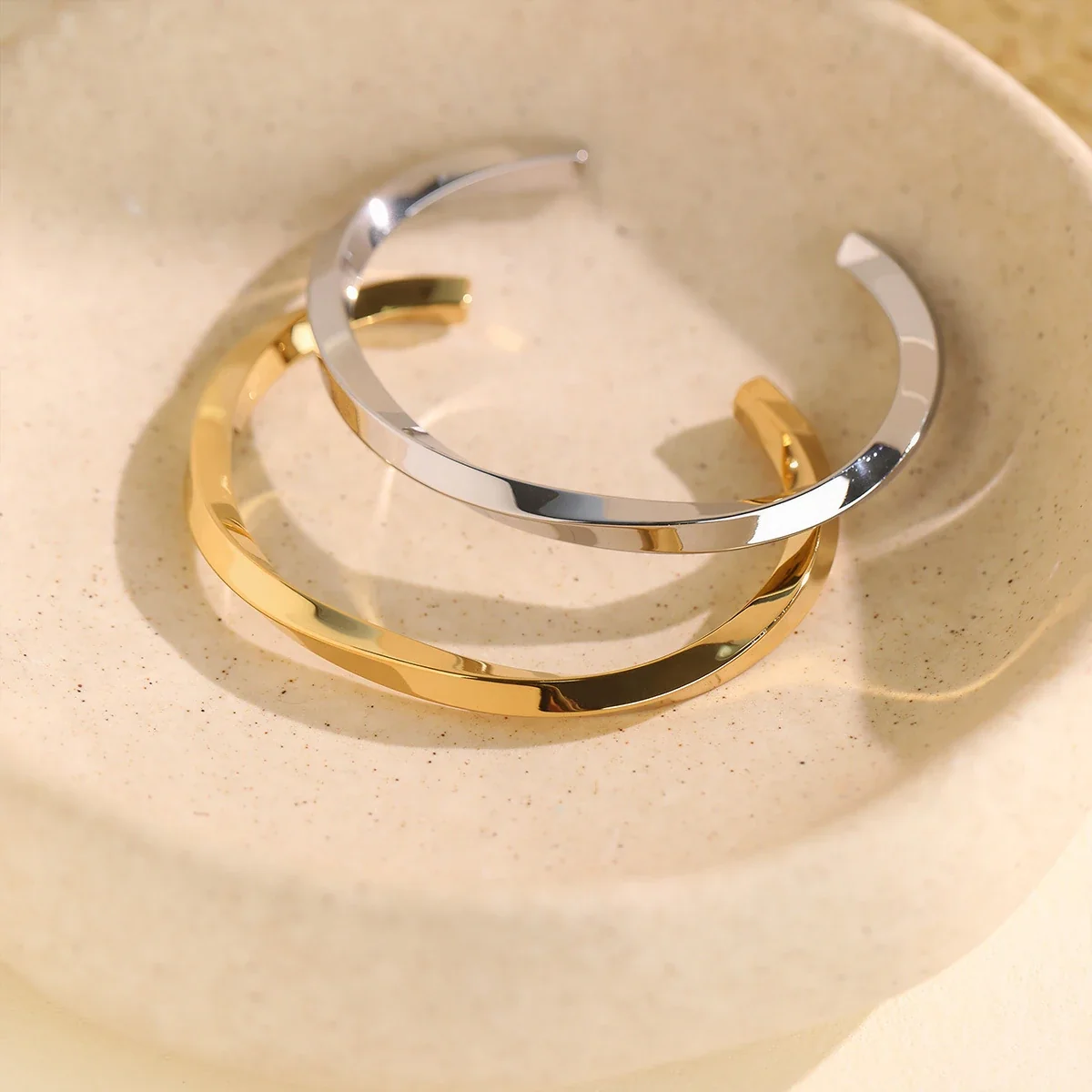 Open Cuff Bangle with Faceted Flat Band, Stainless Steel