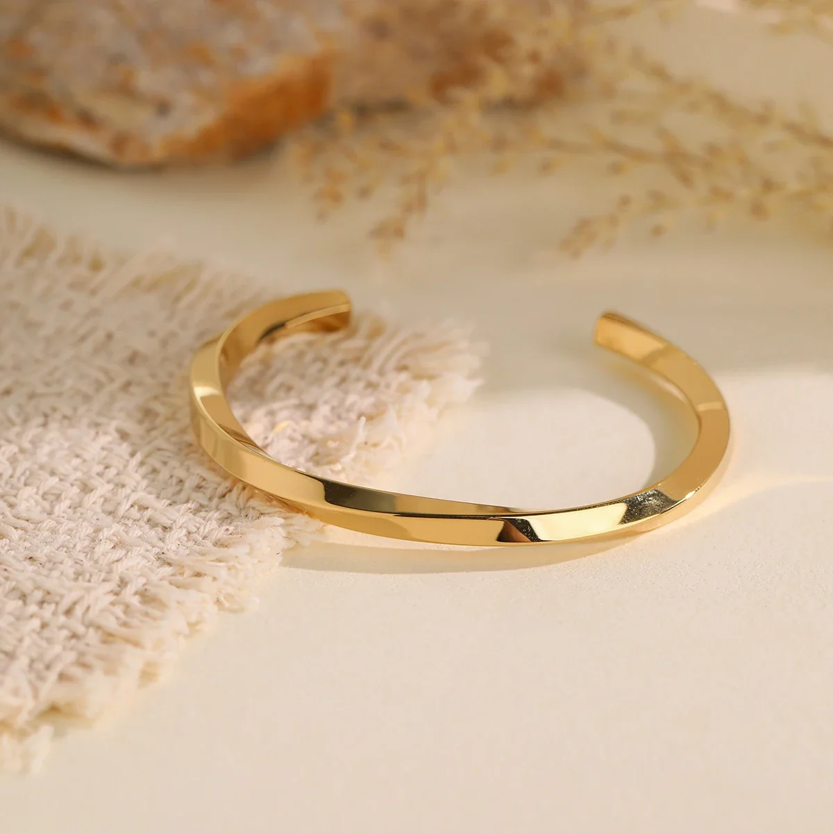 Open Cuff Bangle with Faceted Flat Band, Stainless Steel